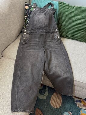 Washed Black Denim Overalls - Women Jeans Jumpsuit Size Large